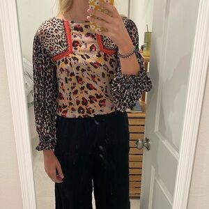 Anthropologie Bl^nk London Joelle Embroidered Leopard Print Peasant Blouse